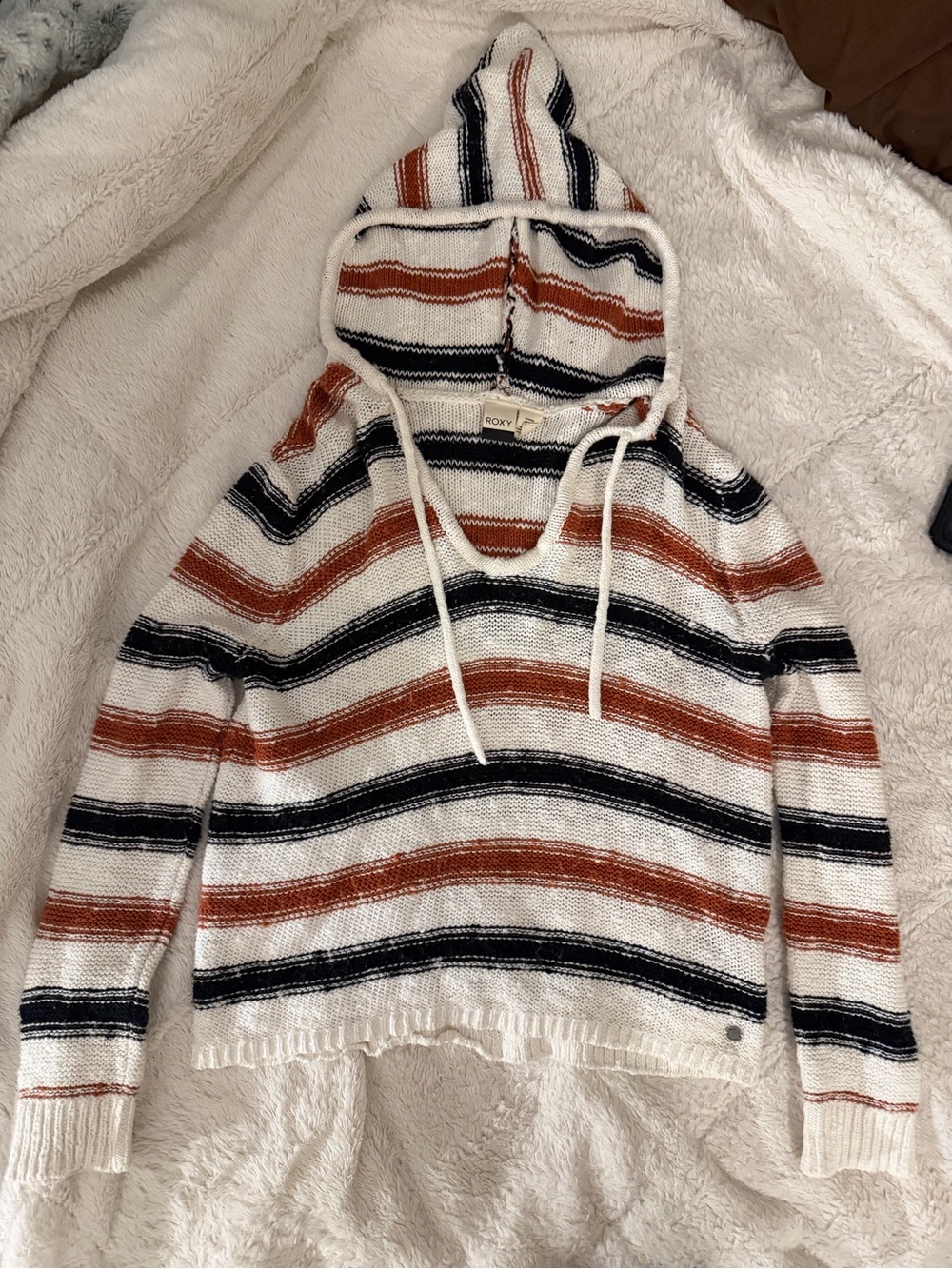 Roxy Hooded Striped Pullover Sweater in Cream, Rust & black